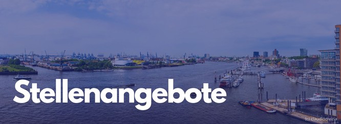 Titelbild. Hafenpanorama mit blauen Overlay. Darauf steht: Stellenangebote