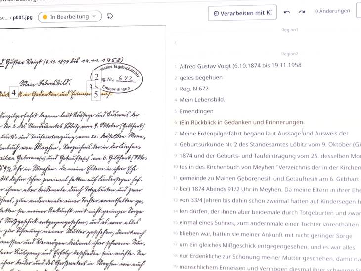 Foto von einem Computerprogramm, in dem man handschriftliche Dokumente transkribiert.