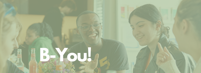 Titelbild mit zwei Schüler:innen, die lachen, über dem Bild liegt ein grünes Overlay mit dem Text: B-You!